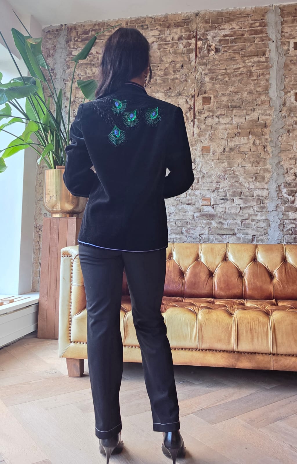 Midnight Peacock Velvet Blazer – Statement Back Embroidery 2
