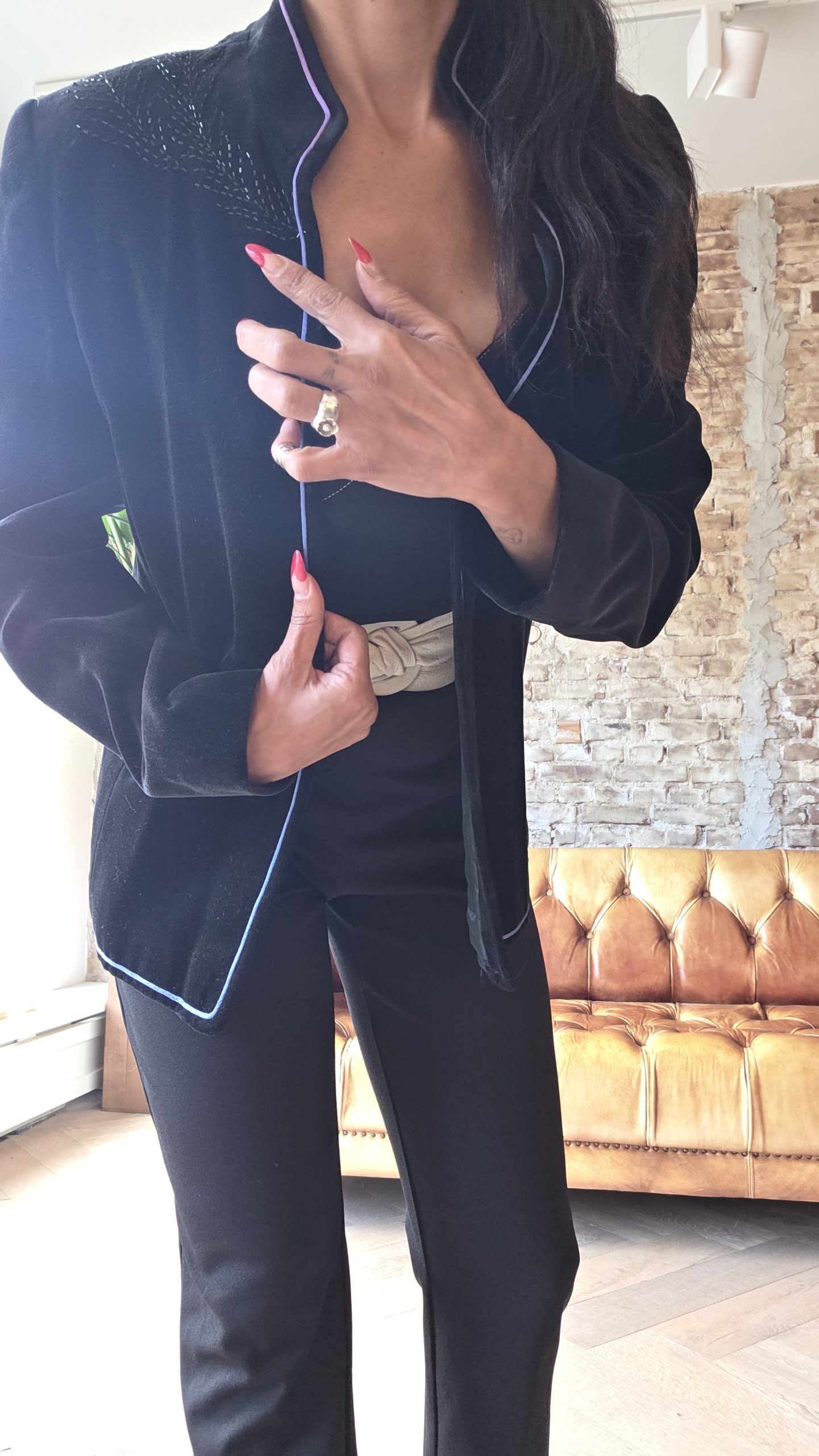 Midnight Peacock Velvet Blazer – Statement Back Embroidery