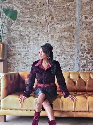 Burgundy faux fur & leather jacket