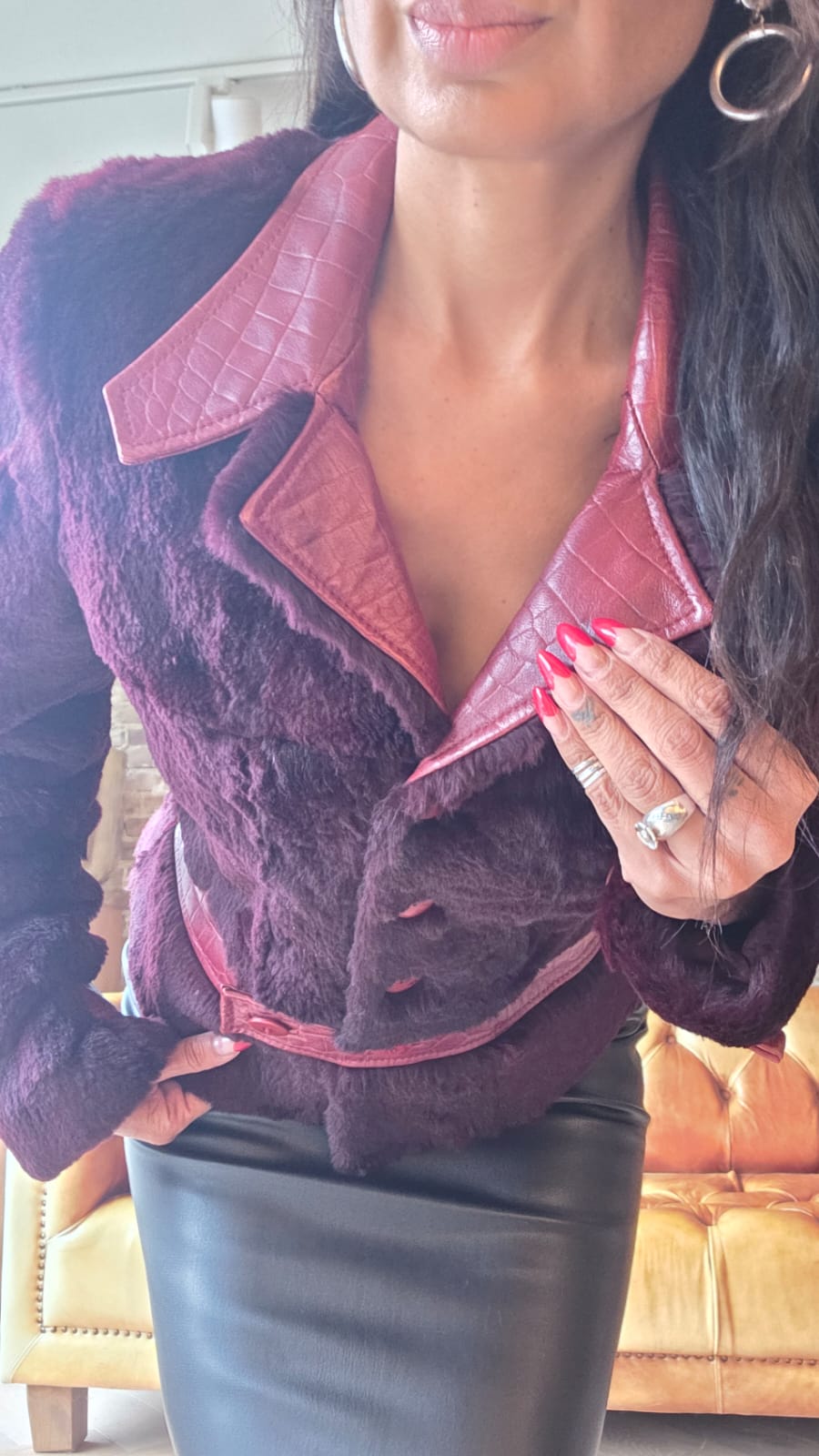 Burgundy faux fur & leather jacket 5