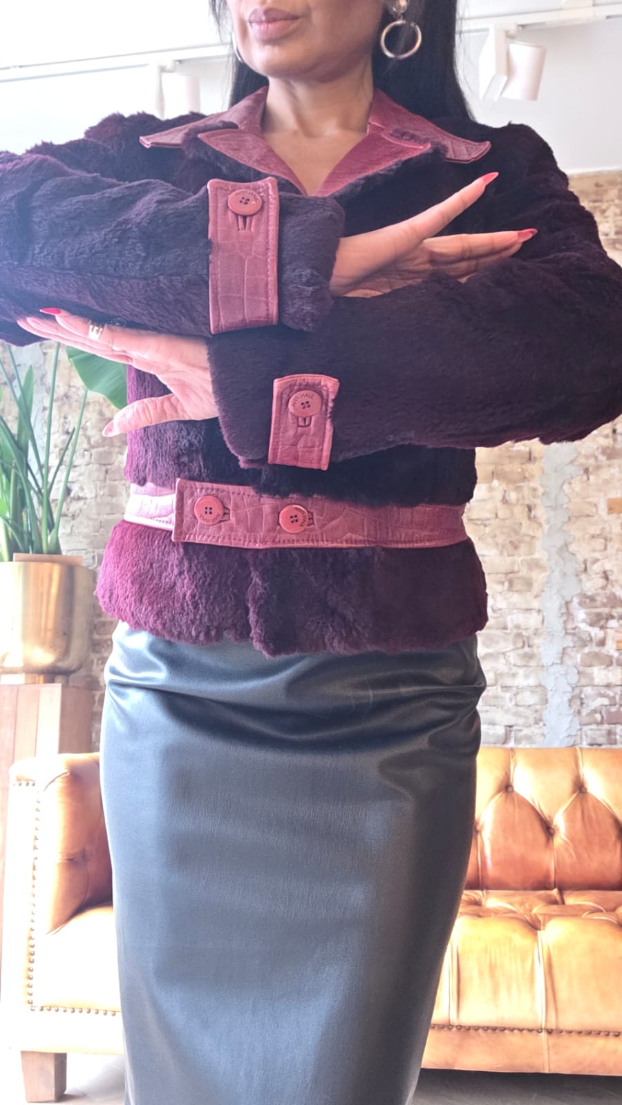 Burgundy faux fur & leather jacket 6